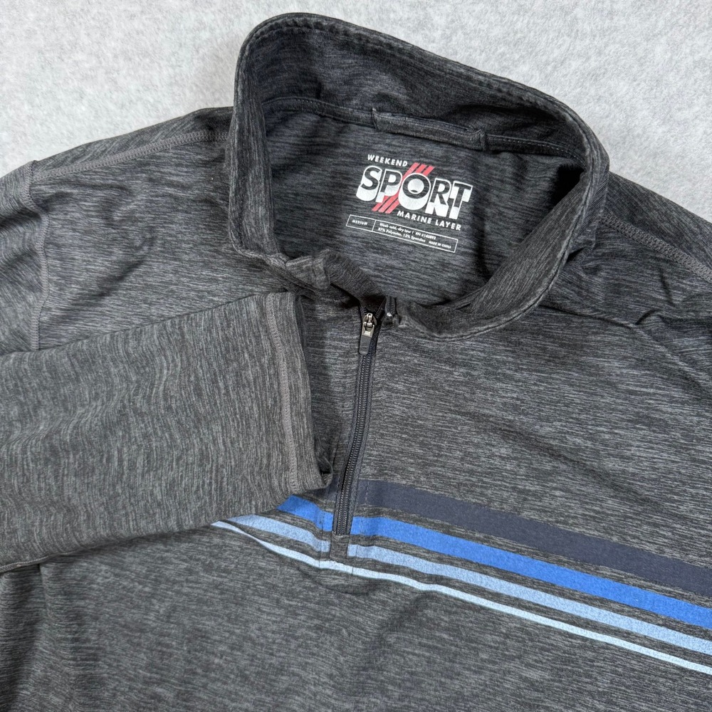 Marine Layer Weekend Sport Mens Medium Gray Quarter Zip 1/4 Pullover Blue Stripe